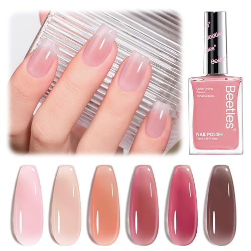 Beetles Jelly Nail Polish Set, 6 Colors Sheer Pink Nail Polish Long Lasting & Quick Dry Clear Jelly for Women, Pink Nail Strengthener Polish for Salon DIY Manicure Set