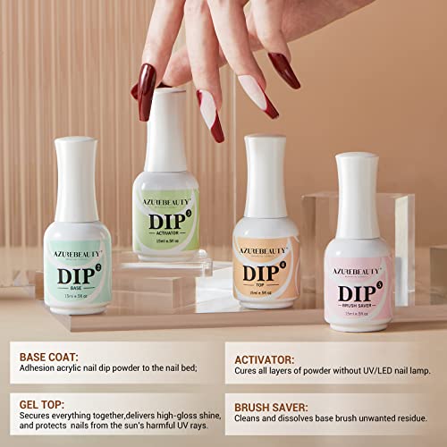 AZUREBEAUTY 4+4pc Dip Powder Liquid Set, 15ml/0.5oz, with Base/Top Coat, Activator, Brush Saver, Nail File– Fast Drying Formula, No UV Light Needed 