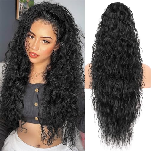 KooKaStyle Ponytail Extension 30 Inch Drawstring Pony Tails Hair Extensions for Women Long Curly Ponytail Synthetic Hairpieces for Daily Use(Black-1B)