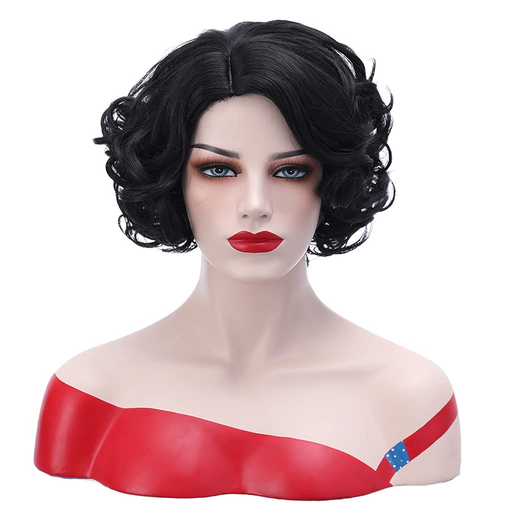 BERON Black Wig Short Curly Black Wig Natural Wavy Wig Black 1920s Wig for Women Cosplay Costume Party Come with Wig Cap (Black)