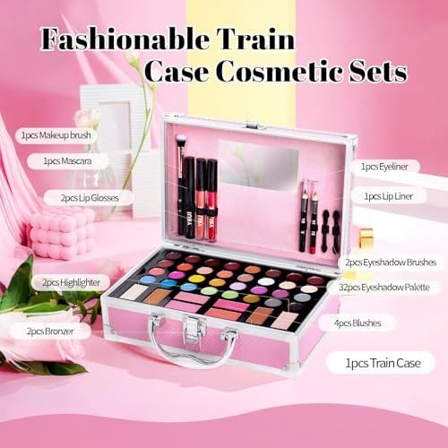Beginner Makeup Kit for Teen,Makeup Set for Girl Women,Beginner Makeup Kit with Cosmetic Train Case Included 32 Colors Eyeshadow Blush Contour Lip Gloss Lip Liner Mascara Eyeliner Mirror