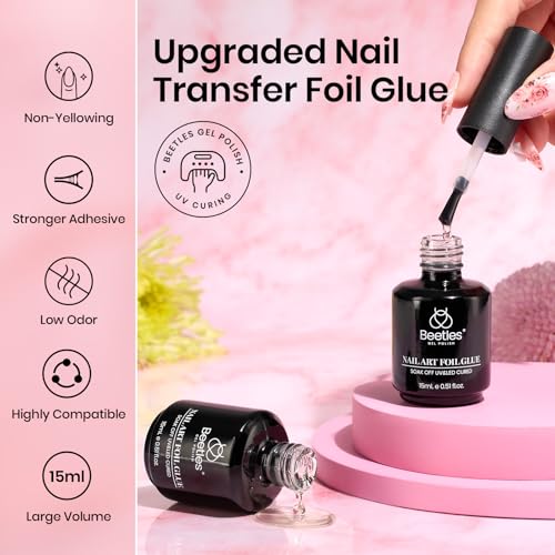 Beetles Nail Foil Glue Gel 2Pcs 15ml with 20 Pcs Lace Flower Butterfly Stickers Transfer White Black Lace Nail Foil Set, LED Lamp Soak Off DIY Manicure Gifts for Women