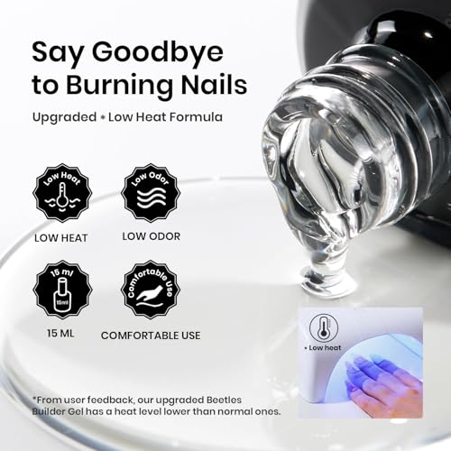 Beetles Low Heat Builder Nail Gel 0.51 OZ 7 in 1 Clear Strengthener Gel for Weak & Thin Nails Building Nail Apex & Extension with Detachable Liner Nail Brush for Beginners & DIY Salon Manicure