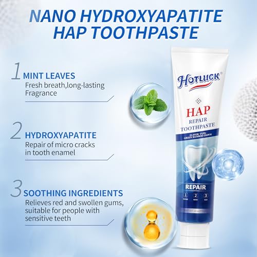 Hotluck HAP Fluoride Free Toothpaste,Nano Hydroxyapatite Toothpaste,Enamel Repair & Remineralization,Whitening,Fresh Breath,Natural Mint,4oz (Pack of 2)
