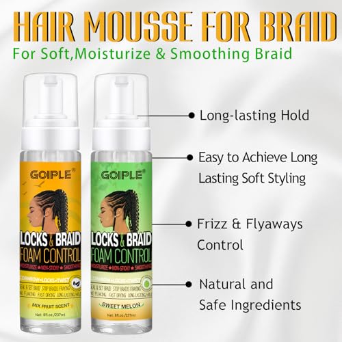 Goiple Hair Mousse for Braids, Twist, Locs - Braid Foam Control Mousse, No Flake, High Shine Style and Moisturizes, Lightweight Easy to Apply 16 fl oz (2pcs)