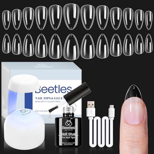 Beetles Gel Nail Kit 504Pcs Short Almond Gel Nail Tips with 9 in 1 Nail Glue Nail Extension Set Uv Led Lamp Acrylic False Tips Kit DIY Nails Art Gifts for Women