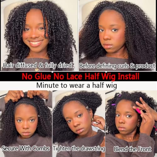 Half Wig Human Hair 200 Density Kinky Curly Half Wig 3 In 1 Seamless Flip Over Glueless Wigs Human Hair with Drawstring Beginner Friendly Curly Wig Headband Wig for Women Daily Wear 20 Inch