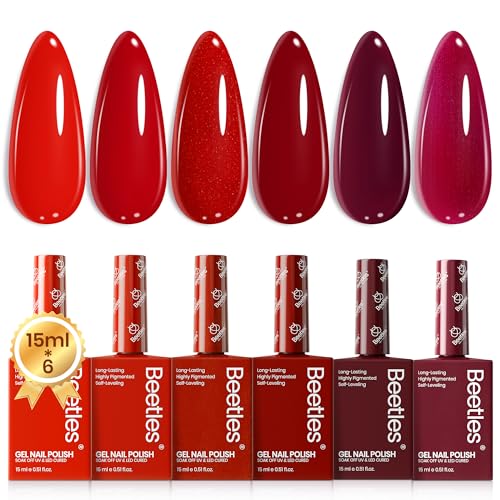 Beetles Red Gel Nail Polish Set-15ML 6 Colors Shimmer Bloody Red Burgundy Gel Polish Kit Soak Off UV Full Size Nail Polish Nail Art Salon Design DIY Gift for Women Colorful Bottle