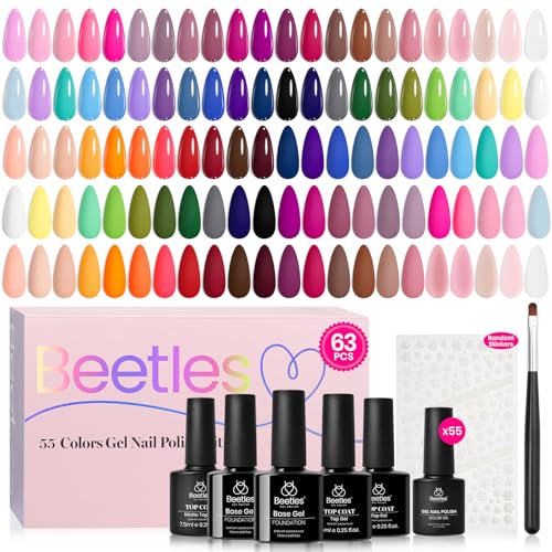 Beetles Gel Nail Polish Set - 63 PCS 55 Colors Summer Gel Polish Kit with 5 Bottles of Base and Glossy Matte Top Coat Soak off Nail Polish Set Pink Green Blue Red Collection Gifts for Women&Girls