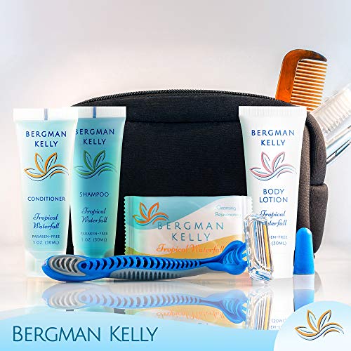 Bergman Kelly - Hotel Toiletries Bundle - Tropical Waterfall, 1 oz each, 100 Pcs - 4-Piece Set: 25 Rectangular Bar Soap, 25 Shampoo, 25 Conditioner & 25 Body Lotion - Bulk Mini Guest Amenities Supply