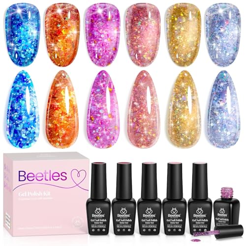 Beetles Glitter Gel Nail Polish 6 Colors Orange Gold Hot Pink Blue Shimmer Silver Colors Sparkly Shiny UV Gel LED Nail Lamp Gel Polish Kit for Home DIY Nail Designs