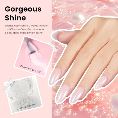 Beetles Pearl Chrome Nail Powder Gel Nail Polish Set, Glazed Donut Mirror Effect with Silicone Nail Brush, Liquid Peel Off Latex Tape Top Coat&Base Coat
