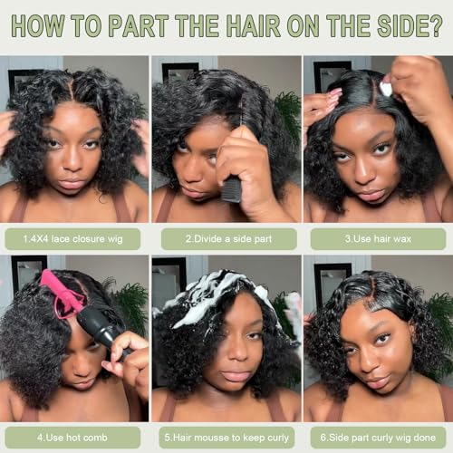 Glueless Wigs Human Hair pre plucked Pre Cut Short Curly Bob Lace Front Wigs for Black Women 4x4 Lace Closure Glueless Wig with Elastic Band for Beginners 10 Inch
