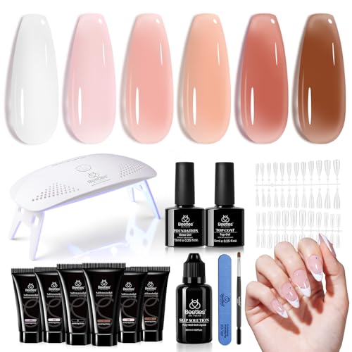 Beetles Poly Nail Gel Kit 6 Colors Clear Nude Brown Nail Extension Gel Set Builder Hybrid Jelly Gel with Nail Lamp Poly Extension Gel Nail Kit with Slip Solution Base Top Coat Gel Polish for Women