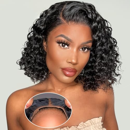 Glueless Wigs Human Hair pre plucked Pre Cut Short Curly Bob Lace Front Wigs for Black Women 4x4 Lace Closure Glueless Wig with Elastic Band for Beginners 10 Inch