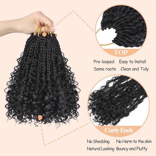 Goddess Box Braids Crochet Hair 1B - 8 Inch Pre Looped Boho Crochet Braids with Curly Ends, 8 Packs Crochet Hair for Black Women Boho 3X Synthetic Braiding Hair Extensions