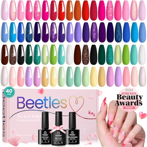 beetles Gel Nail Polish Set 36 Colors Pink Red Green Blue Gel Polish Verse of Flower Collection Nail Kit with 3Pcs Base Top Coat Soak off UV Gel & Nail Art Stickers Gifts for Women