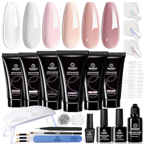 Beetles Poly Nail Extension Gel with UV Light Kit- 6 Colors Clear White Pink Green All In One Kit Poly Nails Gel Set with Base Top Coat Set Easy DIY at Home Decoration Nail Spring Gift for Women Girls