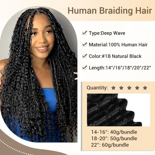 Human Braiding Hair for Boho Knotless Braids 2 Bundles 14 Inches 80g Deep Wave 10A Brazilian Virgin Human Bohemian Hair for Braiding Natural Black 1B