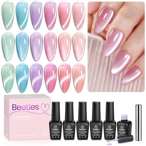 Beetles Cat Eye Gel Nail Polish Set, 6 Colors Pastel Shimmer Glitter Gel Polish Kit Soak Off LED UV Curing Requires Pink Red Blue Orange Green Purple Velvet Gel with Magnet Gift for Women