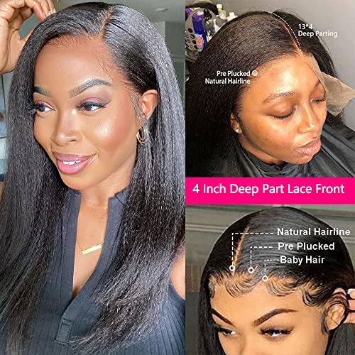 GOLFMAX Kinky Straight Lace Front Wigs Human Hair Pre Plucked With Baby Hair 180% Density Yaki Straight 13x4 Transparent HD Glueless Lace Wig Human Hair Wigs For Black Women 24 Inch