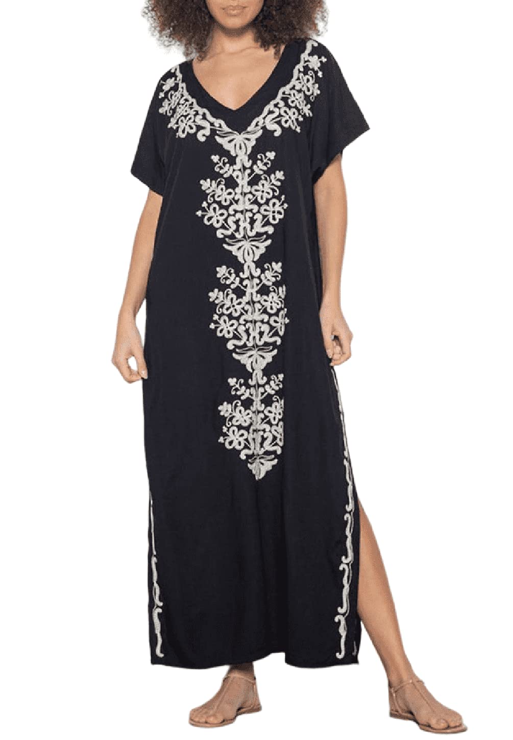Bestyyou Women's Rayon Long Caftan Dress Embroidered Kaftan Loungewear Nightgown Swimsuit Cover Up Swimwear Beachwear (Black E)