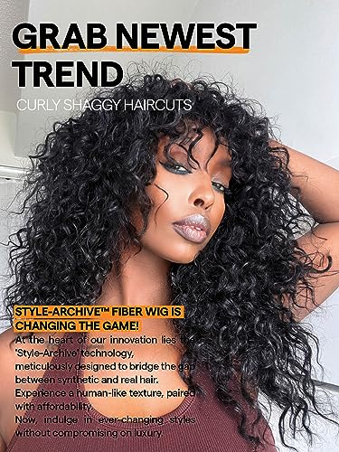 GORGIUS Shaggy Haircuts Natural Black Curly Wig with Bangs Crafted with Style-Archive Technology: Premium Fiber & Remy Human Hair Blended, Realistic Look with True Scalp
