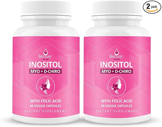 BeLive Myo-Inositol & D-Chiro Inositol Capsules - 90Ct I Inositol Supplement with Folic Acid Supplements for Woman, Optimal 40:1 Ratio - 2 Pack