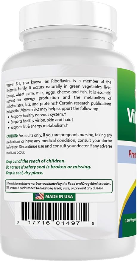 Best Naturals Vitamin B2 (Riboflavin) 400mg - Migraine Relief - Veggie Capsules - Conezyme Precursor - 120 Count (120 Count (Pack of 3))