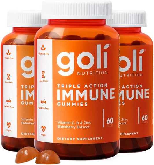 Goli Immune Vitamin Gummy - 180 Count - Elderberry, Vitamin C, D & Zinc, Vegan, Non-GMO, Gluten-Free & Gelatin-Free, Pack of 3