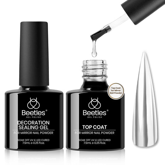 Beetles Gel Top Coat for Chrome Nail Powder and Decoration Sealing, 7.5ml*2PCS Shine Finish and Long Lasting Nail Gel Glue, Soak Off LED U v Lamp Gel Nail Art Design Diy at Home