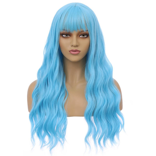 BERON 23 Inches Blue Wig Long Curly Wig with Bangs Synthetic Wig Women Girls Wig Sky Blue Wigs with Wig Cap