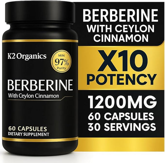 Berberine with Ceylon Cinnamon 1200mg (60 Capsules) – 97% Purity- Non-GMO, Gluten-Free, Lab-Tested Vegan Berberine Supplement – 30 Servings