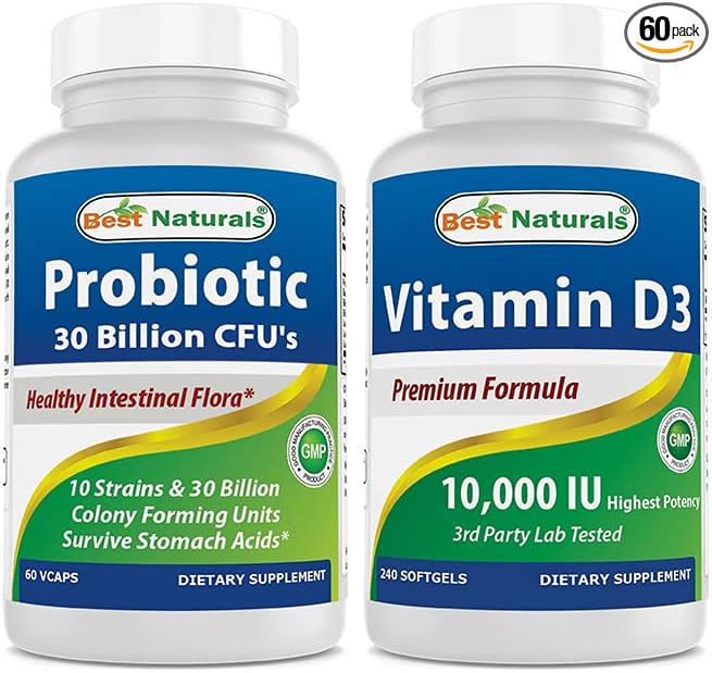 Best Naturals Probiotic 10 Strains & 30 Billion CFU & Vitamin D3 10000 IU