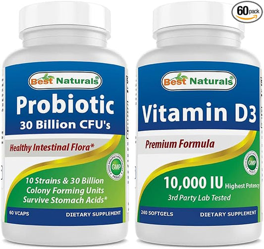 Best Naturals Probiotic 10 Strains & 30 Billion CFU & Vitamin D3 10000 IU