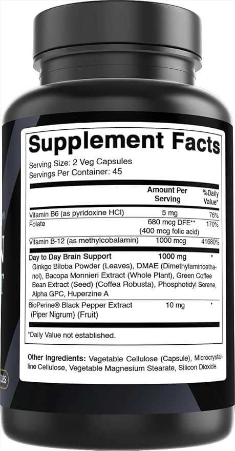 Best Naturals Day-to-Day Brain Support Supplement with Ginkgo Biloba, DMAE, Bacopa, Green Coffee, Phosphotidyl Serene, Alpha GPC, Huperzine A, Folate, B6, & B12 90 Veg Capsules