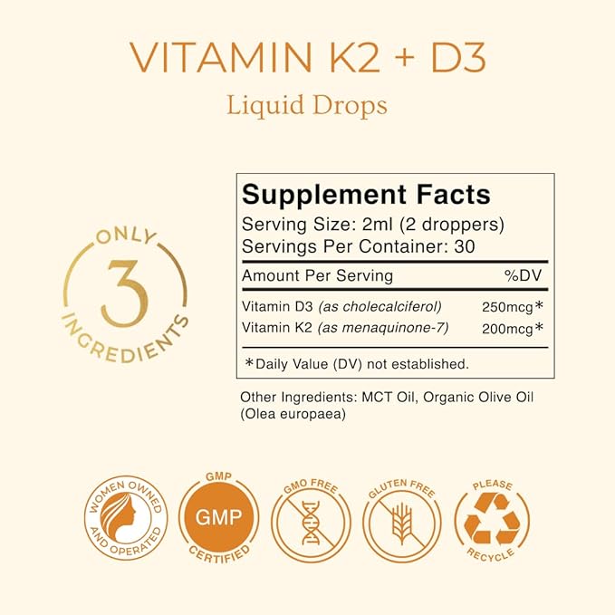 GoldN™ Vitamin K2+D3 Liquid Drops | 10,000 IU D3 & 200 mcg K2 | Bone, Heart & Immune Support | Non-GMO, Additive-Free, MCT & Organic Olive Oil | 60 Servings | High-Potency Liquid Formula