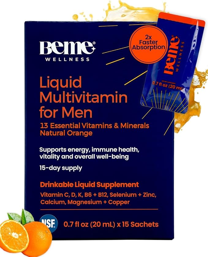 BeMe Liquid Multivitamin for Men - Clinically Tested Mens Multivitamin, 2X Faster Absorption & High Bioavailability - A, B-Complex, C, D, E, K, Calcium, Zinc, Magnesium - Non-GMO, Soy, Dairy Free