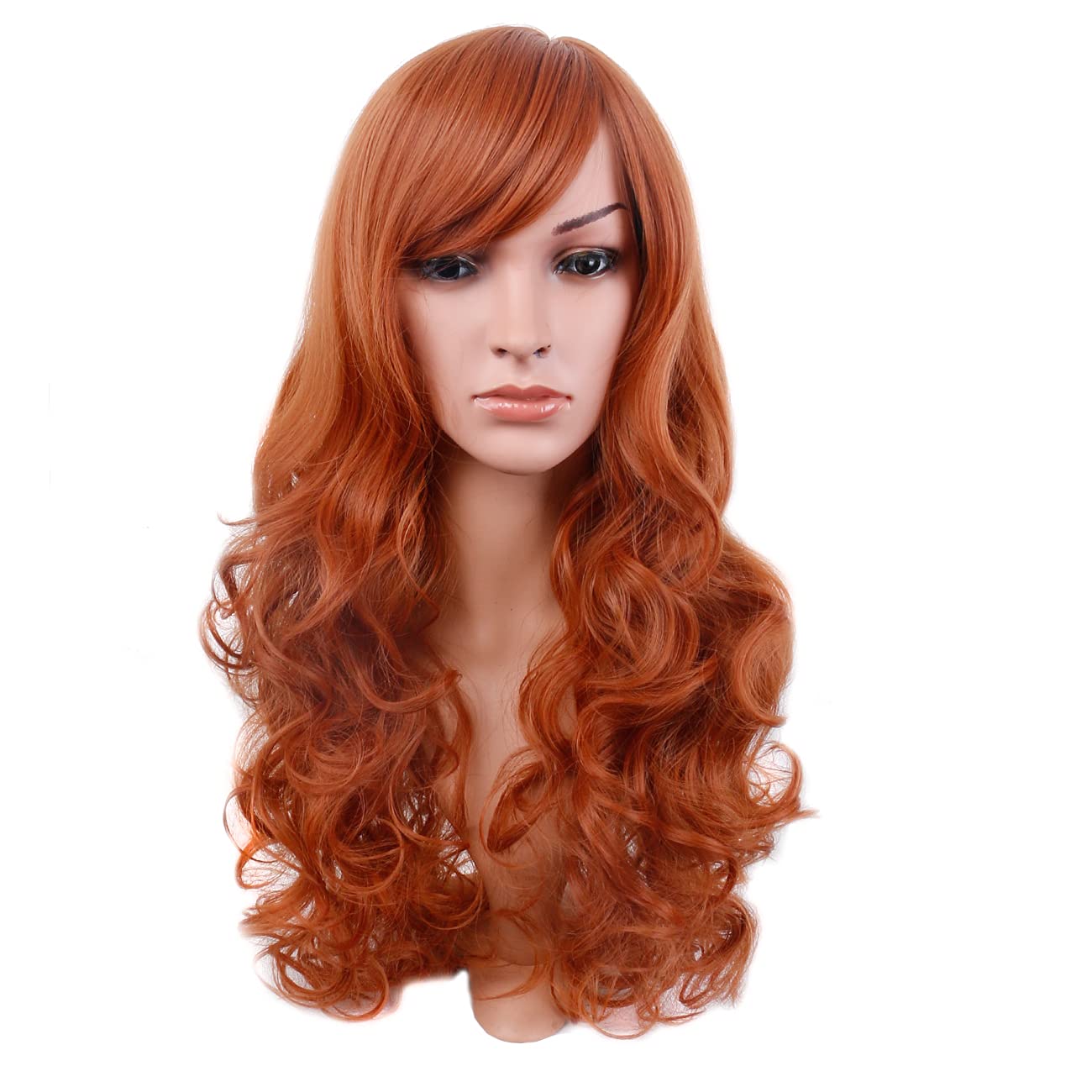 BERON Dark Orange Wig Long Curly Wigs with Bangs Orange Wig Long Wavy Wig Orange Wigs for Women Long Wig Dark Orange Wig with Wig Cap