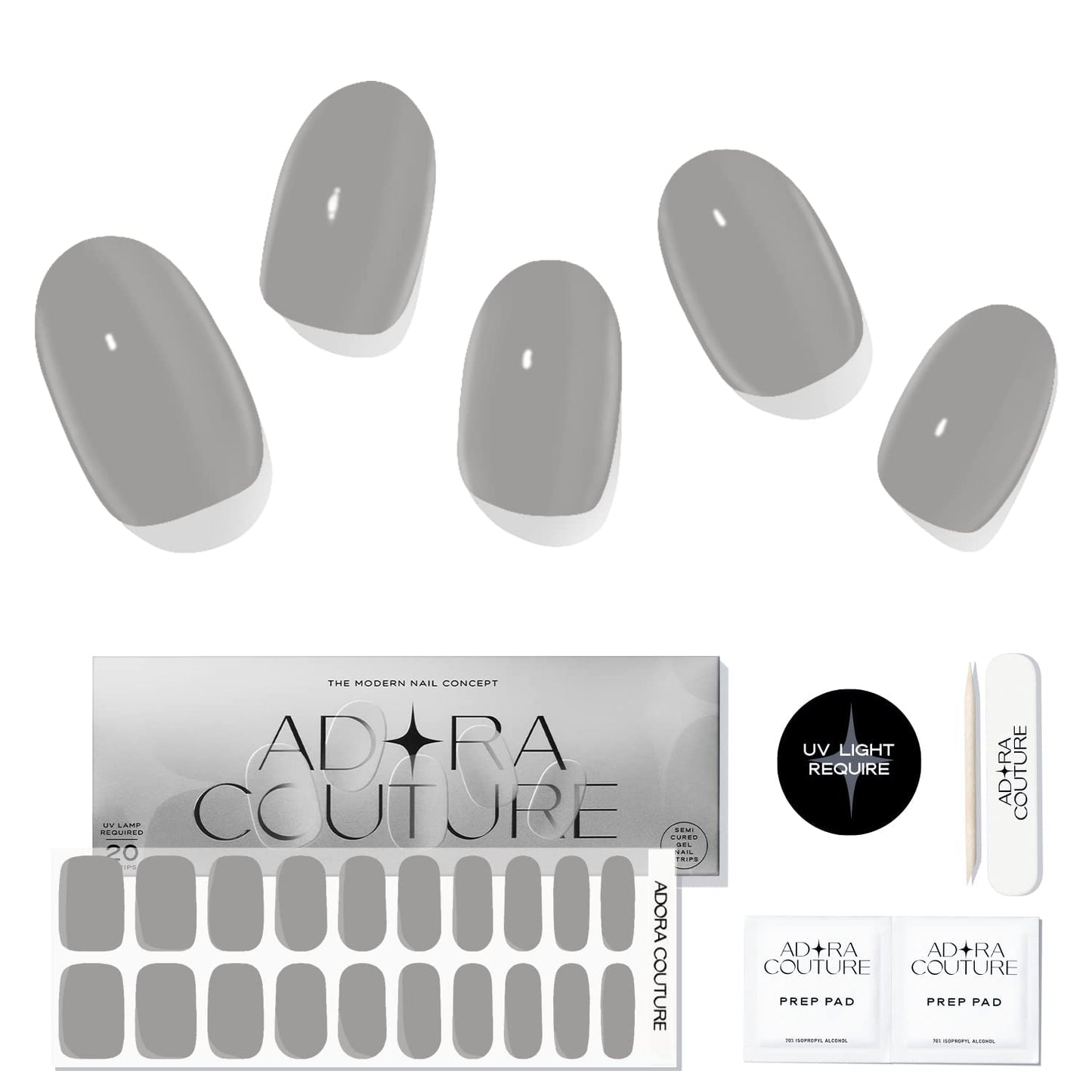 Adora Couture Semi Cured Gel Nail Strips with 20 Pieces, Salon Quality Nail Wraps for Women, Glossy Grey UV Gel Nail Stickers, UV Light Required, Ultimate Grey