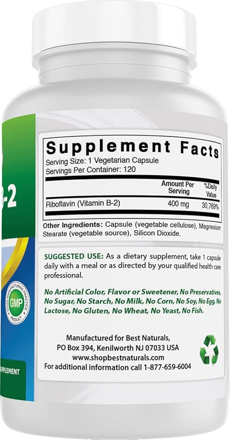 Best Naturals Vitamin B2 (Riboflavin) 400mg - Migraine Relief - Veggie Capsules - Conezyme Precursor - 120 Count