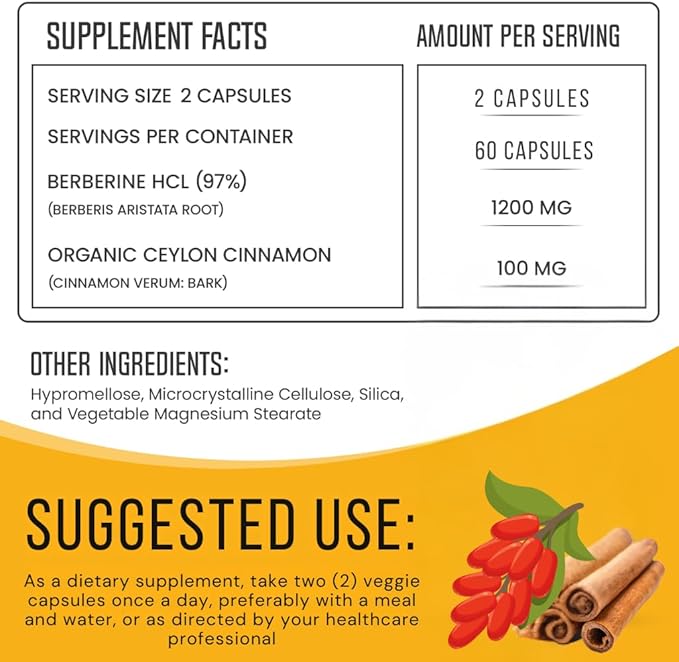 Berberine with Ceylon Cinnamon 1200mg (60 Capsules) – 97% Purity- Non-GMO, Gluten-Free, Lab-Tested Vegan Berberine Supplement – 30 Servings