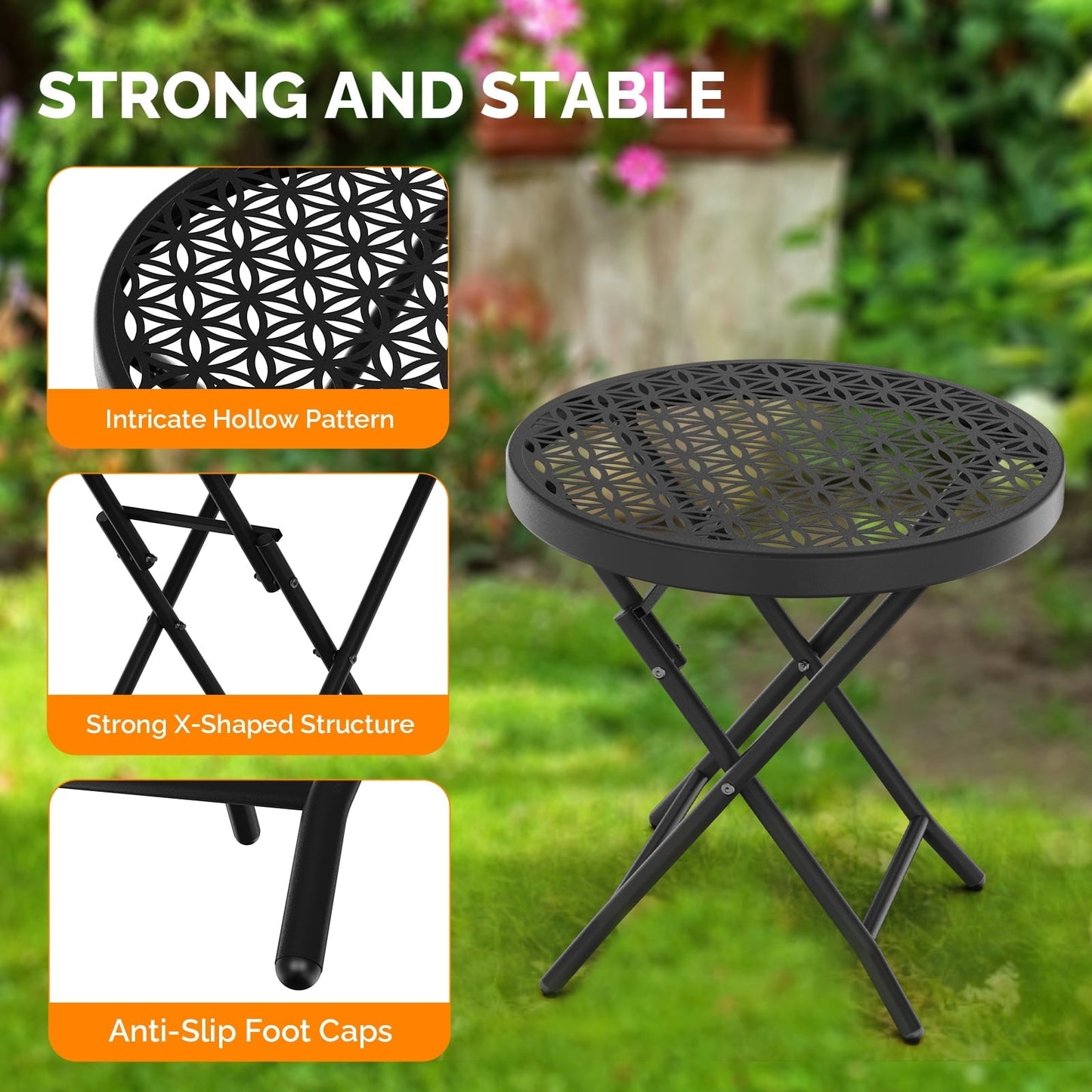 Ktaxon Folding Side Table, Patio Small End Table with X-Shaped, Outdoor Metal Floral Pattern Table for Balcony Porch Backyard Deck, Black