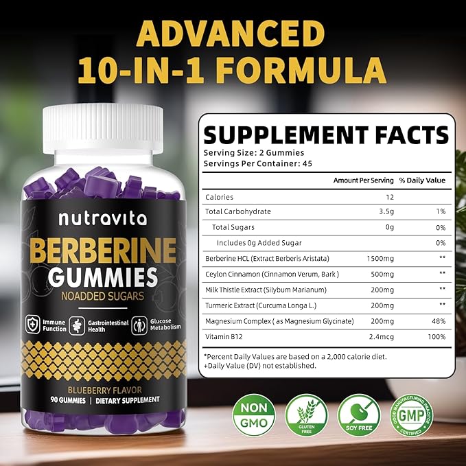 Berberine Gummies with Ceylon Cinnamon 1500mg High Potency Berberine HCL Supplement for Immune and Metabolism Support, Sugar Free Organic Berberine Gummies Blueberry Flavor-2PACK