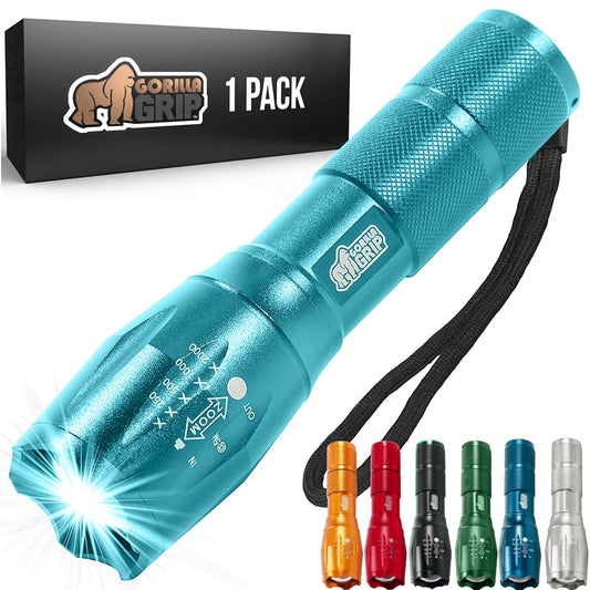Gorilla Grip Powerful LED 750 FT Water Resistant 5 Adjustable Mode Tactical Flashlight, High Lumens Ultra Bright Battery Life Zoom Flashlights, Small Camping Car Mini Flash Light Accessories Turquoise