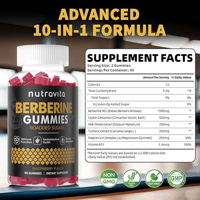 Berberine Gummies with Ceylon Cinnamon 1500mg High Potency Berberine HCL Supplement for Immune and Metabolism Support, Sugar Free Organic Berberine Gummies Raspberry Flavor-2PACK