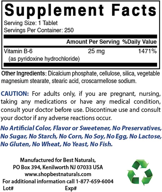 Best Naturals Vitamin B6 25mg 250 Tablets (250 Count (Pack of 3))