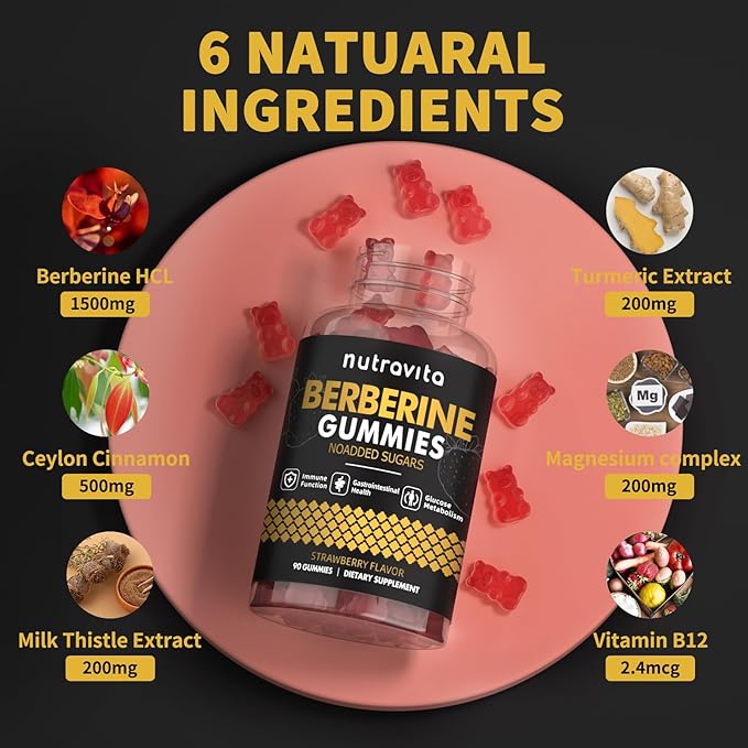Berberine Gummies with Ceylon Cinnamon 1500mg High Potency Berberine HCL Supplement for Immune and Metabolism Support, Sugar Free Organic Berberine Gummies Strawberry Flavor-1PACK
