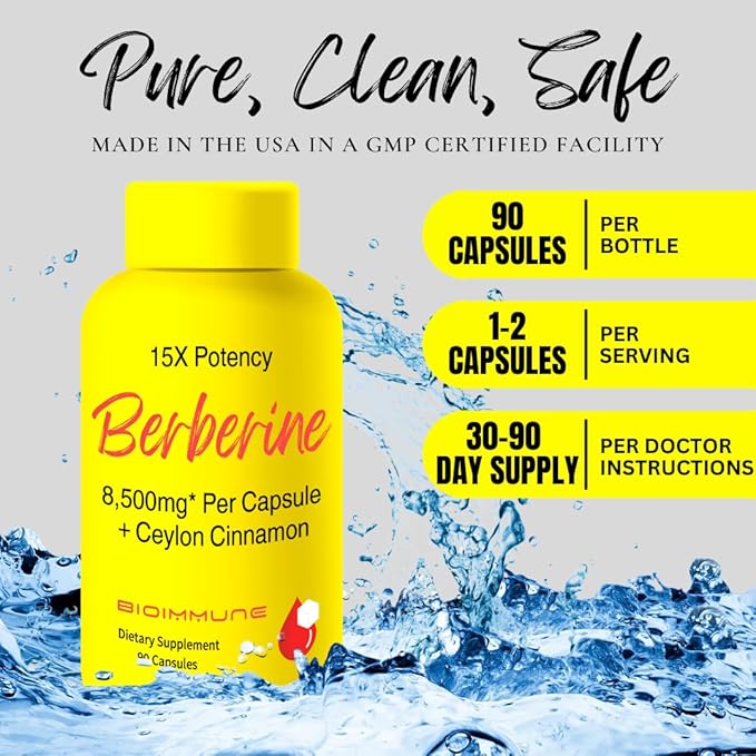 Berberine Supplement 15X Potency, Ceylon Cinnamon for Enhanced Absorption & Synergistic Effects. 8,500mg Per Capsule