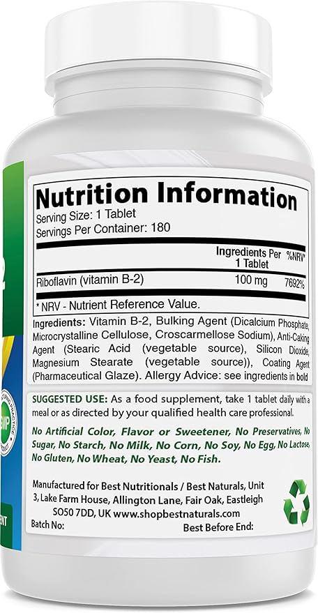 Best Naturals Vitamin B2 (Riboflavin) 100 mg 180 Tablets - Premium Formula - 3rd Party Lab Tested